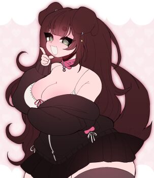 1girl @_@ absurdres animal_ear_piercing animal_ears bow breasts brown_hair collar commentary commission dog_ears dog_girl dog_tail dreamalgia english_commentary highres hood hoodie large_breasts long_hair miniskirt open_mouth original skirt smile solo tail wide_hips