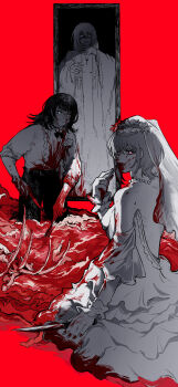 3girls absurdres bang_dream! bang_dream!_it's_mygo!!!!! blood blood_on_clothes blood_on_face blood_on_hands bloody_clothes bloody_dress bone butchering commentary cross cross_necklace dress french_commentary greyscale_with_colored_background guro highres holding holding_knife jewelry knife long_hair misumi_uika multiple_girls necklace priest purple_eyes red_background short_hair simple_background spot_color veil wedding_dress wu62325408 yahata_umiri yuutenji_nyamu