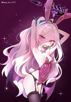 1girl absurdres ahoge alternate_costume animal_ear_hairband animal_ears arms_behind_head arms_up bandaid bandaids_on_nipples black_halo black_horns black_thighhighs black_wings blue_archive blush bow bowtie breasts covered_navel demon_girl demon_horns demon_wings detached_collar dot_nose fake_animal_ears fake_tail garter_belt garter_straps hair_ornament hairband hairclip halo highres hina_(blue_archive) horns leotard loli long_eyelashes long_hair looking_at_viewer low_wings mata_ashita money_in_mouth mouth_hold multiple_horns oversized_breast_cup parted_bangs pasties pink_bow pink_bowtie pink_eyes pink_hairband pink_leotard playboy_bunny ponytail rabbit_ears rabbit_tail small_breasts solo standing tail thighhighs very_long_hair white_hair wings zettai_ryouiki