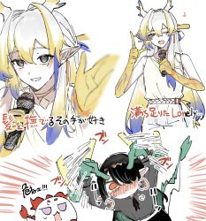Rule 34 | 3girls, :d, ;d, afterimage, alternate costume, arknights, bare shoulders, belt, black hair, blonde hair, blue hair, blurry, blush, cheering, chibi, commentary request, creature, dragon bubble (arknights), dragon girl, dragon horns, dusk (arknights), earrings, eighth note, emphasis lines, excited, green hair, grey hair, grey shirt, grin, hair intakes, hands up, highres, holding, holding microphone, horns, index finger raised, jewelry, karaoke, long hair, looking at viewer, lyrics, microphone, multicolored hair, multiple girls, multiple views, music, musical note, necklace, nian (arknights), no mouth, no nose, nose blush, one eye closed, open mouth, outstretched arm, pants, pointy ears, shirt, shu (arknights), siblings, simple background, singing, sisters, sketch, sleeveless, sleeveless shirt, smile, sound effects, speed lines, streaked hair, translation request, white background, white belt, white pants, yunomi (yunomi1129)