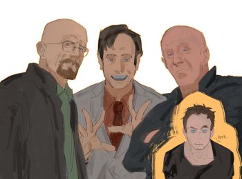 Rule 34 | 4boys, absurdres, bald, black jacket, breaking bad, facial hair, formal clothes, glasses, hashtag-only commentary, highres, jacket, jesse pinkman, male focus, mike ehrmantraut, multiple boys, old, old man, round eyewear, saul goodman, sketch, suit, turmalindraws, walter white