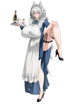 1girl absurdres bags_under_eyes belt blush bottle breasts chinese_commentary commentary dress full_body hanging_breasts highres huge_breasts izayoi_sakuya maid maid_headdress solo thick_thighs thigh_belt thigh_strap thighs touhou user_ckkx8884 v white_background white_dress white_hair wine_bottle