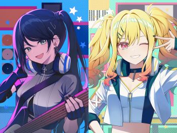 2girls :d absurdres asymmetrical_gloves asymmetrical_sidelocks black_choker black_hair black_nails blonde_hair breasts choker collarbone commentary crop_top cropped_jacket cropped_shirt ear_piercing elbow_gloves electric_guitar english_commentary fender_telecaster find_the_dream_view_(project_sekai) fingerless_gloves gloves grey_eyes grey_jacket guitar hair_between_eyes hair_ornament hairclip hand_on_own_hip hand_up hands_on_headphones headphones headphones_around_neck high_collar highres holding holding_guitar holding_instrument hoshino_ichika_(project_sekai) instrument jacket long_hair long_sidelocks looking_at_viewer medium_breasts midriff multicolored_nails multiple_girls nail_polish official_alternate_costume official_alternate_hairstyle one_eye_closed open_clothes open_jacket open_mouth partially_unzipped piercing project_sekai shirt short_sleeves side_ponytail sidelocks single_elbow_glove single_glove sleeves_past_wrists smile sora_(men0105) split_screen star_(symbol) swept_bangs tenma_saki three-quarter_sleeves twintails uneven_gloves upper_body w white_jacket white_shirt yellow_nails zipper zipper_pull_tab