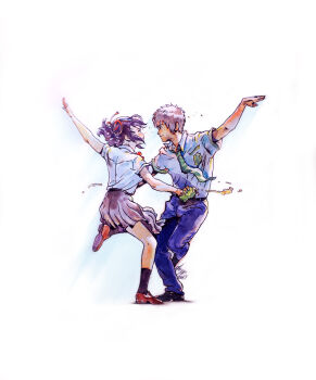 Rule 34 | 1boy, 1girl, absurdres, arm up, black footwear, black hair, black socks, bottle, brown footwear, brown hair, dancing, depepe, eye contact, green necktie, hair ribbon, highres, kimi no na wa., la la land, looking at another, miyamizu mitsuha, necktie, parody, red ribbon, ribbon, sake bottle, school uniform, shoes, simple background, socks, standing, standing on one leg, striped necktie, tachibana taki, traditional media, watermark, white background