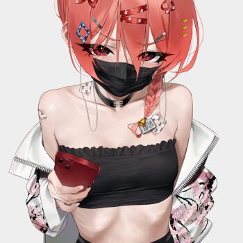 1girl bandaid bandaid_on_shoulder bandeau bare_shoulders black_bandeau black_choker black_mask blue_archive blush braid breasts choker collarbone commentary grey_background hair_ornament hairclip hand_up holding holding_phone jacket jacket_partially_removed looking_at_viewer mask mole mole_under_each_eye mole_under_eye mouth_mask multiple_moles neru_(blue_archive) not_forever2w open_clothes open_jacket phone print_jacket red_eyes ribs short_hair side_braid simple_background single_braid small_breasts solo sukajan tag too_many_hair_ornaments unfinished