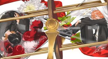 absurdres angel angel_devil_(chainsaw_man) angel_wings black_hair black_necktie black_pants black_shoes black_suit chainsaw_man character_request collared_shirt corpse eohme flower flower_request formal_clothes full_body grey_socks hair_between_eyes halo hayakawa_aki highres hourglass in_hourglass jacket knees_up nape necktie open_clothes open_jacket pants shirt shoes short_hair signature socks suit suit_jacket topknot traditional_halo white_flower white_shirt white_wings wings