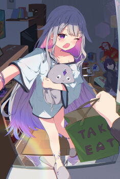 alternate_costume bag character_doll colored_inner_hair doll gradient_hair grey_hair hair_flaps highres holding hololive indoors koseki_bijou long_hair messy_room multicolored_hair multiple_girls off_shoulder one_eye_closed open_mouth oversized_clothes oversized_shirt pink_hair pov purple_eyes purple_hair roku_(roku_dayo) shirt slippers t-shirt very_long_hair virtual_youtuber waking_up white_shirt yawning