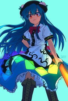 1girl apron black_hat blue_background blue_hair blue_skirt boots bow bowtie brown_boots closed_mouth collared_shirt commentary doggo_1d34 frilled_skirt frills fruit_hat_ornament hashtag-only_commentary hat hat_ornament highres hinanawi_tenshi holding holding_sword holding_weapon lace-up_boots leaf_hat_ornament long_hair looking_at_viewer peach_hat_ornament puffy_short_sleeves puffy_sleeves rainbow_order red_bow red_bowtie red_eyes shirt short_sleeves signature simple_background skirt smile solo sword sword_of_hisou touhou very_long_hair waist_apron weapon white_apron white_shirt