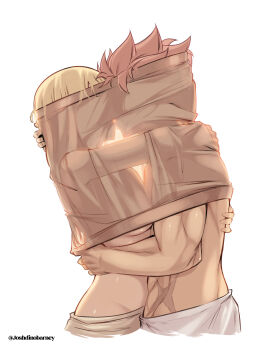 1boy 1girl absurdres artist_name blonde_hair breasts commentary cropped_torso english_commentary fairy_tail from_side hetero highres implied_kiss joshdinobarney large_breasts lucy_heartfilia muscular muscular_male natsu_dragneel pink_hair see-through_silhouette shared_shirt simple_background white_background