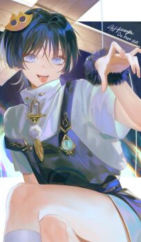 1boy 4the2ofus :p anemo_symbol_(genshin_impact) aqua_gemstone belt black_background black_hair black_overalls blue_belt blue_hair blue_shorts blunt_ends border bright_pupils casual cat_hair_ornament contemporary crossed_legs eyelashes eyeliner eyeshadow feathers gem genshin_impact gold hair_ornament halloween highres letterboxed looking_at_viewer makeup male_focus marionette marionette_controller multicolored_hair official_alternate_costume overalls pom_pom_(clothes) puppet purple_eyes red_eyeliner red_eyeshadow scaramouche_(genshin_impact) shirt shorts signature solo strap_slip streaked_hair tareme teeth tongue tongue_out undershirt upper_teeth_only wanderer_(genshin_impact) white_border white_pupils white_shirt wispy_bangs yellow_feathers