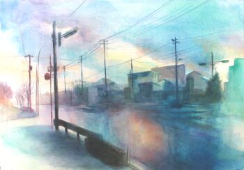 building commentary_request day no_humans original outdoors painting_(medium) power_lines road scenery street traditional_media urban utility_pole waka_miso watercolor_(medium)