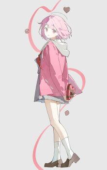 Rule 34 | 1girl, ahoge, ame ame, chocolate, commentary, full body, grey background, heart, highres, hood, loafers, long sleeves, looking at viewer, looking back, original, pink eyes, pink hair, pleated skirt, shoes, short hair, skirt, smile, socks, solo, untranslatable commentary, valentine