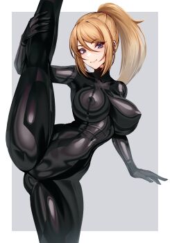 1girl black_bodysuit blue_eyes bodysuit breasts closed_mouth commentary covered_erect_nipples curvy english_commentary high_ponytail highres large_breasts large_variant_set long_hair looking_at_viewer metroid nintendo no_mole ponytail samus_aran skin_tight smile solo split standing standing_on_one_leg standing_split thighs variant_set very_long_hair volyz zero_suit