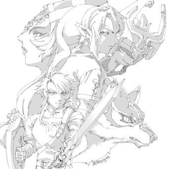 2girls dual_persona earrings forehead_jewel greyscale hair_between_eyes hand_on_own_chin helmet_over_one_eye holding holding_shield holding_sword holding_weapon jewelry link midna midna_(true) monochrome multiple_girls nintendo parted_bangs parted_lips phrygian_cap pointy_ears shield short_hair shortstack sidelocks sketch smile spoilers sword the_legend_of_zelda the_legend_of_zelda:_twilight_princess tsuyuga tunic twitter_username weapon white_background wolf wolf_link