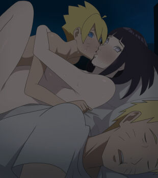 1girl 2boys anotheru black_hair blonde_hair blue_eyes blunt_bangs boruto:_naruto_next_generations breasts closed_eyes facial_mark hair_between_eyes higher_resolution_available hyuuga_hinata incest indoors kiss leg_hold looking_at_another lying medium_breasts medium_hair missionary mother_and_son multiple_boys naruto_(series) netorare nipples nude on_back on_bed open_mouth pillow purple_eyes sex sleeping sweat teeth upper_teeth_only uzumaki_boruto uzumaki_naruto whisker_markings