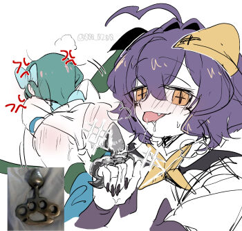 2girls ahoge an_sin anger_vein ass bow brass_knuckles butt_plug commentary fang forward-facing_horns green_hair hair_bow highres hiiragi_utena horns long_hair looking_at_viewer magia_azure magia_baiser mahou_shoujo_ni_akogarete medium_hair minakami_sayo multiple_girls nail_polish panties photo_inset purple_eyes saliva sex_toy simple_background spanked star-shaped_pupils star_(symbol) symbol-shaped_pupils tongue tongue_out underwear weapon white_background white_panties yellow_eyes you_gonna_get_raped yuri