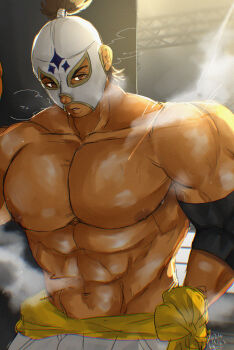 1boy abs absurdres bara brown_hair el_fuerte highres huge_pectorals kata_(o)_ware looking_at_viewer looking_to_the_side luchador_mask male_focus mask muscular muscular_male navel nipples parted_lips solo steaming_body street_fighter strongman_waist thick_eyebrows topless_male