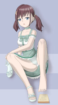 1girl absurdres asu_no_suisei barefoot blue_eyes bread bread_slice brown_hair dress feet furutachi_kurea hibi_wa_sugiredo_meshi_umashi highres long_hair looking_at_viewer open_mouth panties pantyshot sandals shoes toes twintails underwear unworn_sandals unworn_shoes