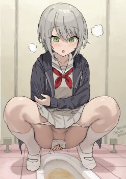 1girl after_peeing artist_name black_jacket blush commentary_request dated full_body green_eyes grey_hair grey_serafuku grey_shirt grey_skirt highres hinomori_shiho hood hooded_jacket indoors jacket long_sleeves neckerchief open_clothes open_jacket open_mouth panties panty_pull pee pleated_skirt project_sekai red_neckerchief sailor_collar school_uniform serafuku shirt shoes short_hair sketch skirt socks solo squat_toilet squatting steam susu_(ysy) toilet_paper toilet_use underwear uwabaki variant_set white_panties white_sailor_collar white_shoes white_socks wiping wiping_pussy