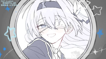 1girl black_hairband black_jacket black_ribbon blush collared_shirt eyepatch firefly_(honkai:_star_rail) grey_hair greyscale hair_between_eyes hair_intakes hair_ornament hair_ribbon hairband highres honkai:_star_rail honkai_(series) iiiiiiitto_all jacket medical_eyepatch monitoring_(vocaloid) monochrome open_mouth ribbon shirt smile solo star_(symbol) twitter_username white_shirt