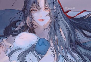 1boy androgynous animal bed bed_sheet black_hair black_rabbit_(animal) closed_mouth eyelashes grey_eyes hair_down hair_ribbon half_updo highres holding holding_ribbon hugging_object implied_yaoi long_hair looking_at_viewer lying male_focus modao_zushi nude official_alternate_hairstyle ojisan_rbt on_bed on_stomach own_hands_together pillow pillow_hug rabbit red_ribbon ribbon shade smile solo trap twitter_username upper_body wei_wuxian wei_wuxian_(yiling_laozu) white_rabbit_(animal) white_ribbon