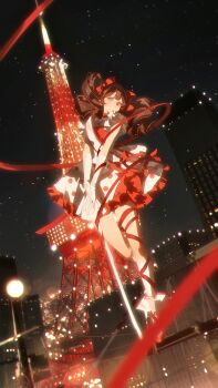 1girl absurdres bow building cable chinese_commentary city city_lights closed_mouth commentary_request dress flying gloves hair_bow hair_ribbon highres lamppost night original outdoors own_hands_together red_hair ribbon sky skyline solo star_(sky) tokyo_tower twintails utility_pole white_dress yi_ke_da_cui_tao_tao