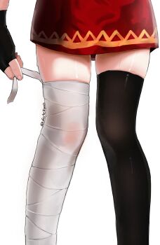 1girl absurdres adjusting_clothes adjusting_legwear alaniz_(lafertealanis) asymmetrical_legwear bandaged_leg bandages commentary dress english_commentary feet_out_of_frame fingerless_gloves gloves highres kono_subarashii_sekai_ni_shukufuku_wo! lower_body megumin mismatched_legwear red_dress short_dress simple_background single_thighhigh solo standing sweat thighhighs twitter_username white_background zettai_ryouiki