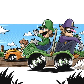 1girl 2boys 7thgear bad_tag blue_eyes blue_overalls brooch brown_hair car cleft_chin convertible crown dress drinking_straw earrings facial_hair flipped_hair flower_brooch flower_earrings frilled_gloves frills gloves gold_crown green_car green_hat green_shirt hat highres jewelry large_nose luigi mario_(series) mario_k_double_dash!! mario_kart mario_kart_wii medium_hair motor_vehicle multiple_boys mustache nintendo open_mouth orange_car orange_dress overalls pointed_crown pointy_shoes princess_daisy puffy_short_sleeves puffy_sleeves purple_hat purple_overalls purple_shirt shirt shoes short_hair short_sleeves smile solo waluigi white_gloves wild_wing_(mario_kart) yellow_dress