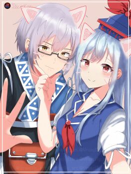 Rule 34 | 1boy, 1girl, absurdres, animal ears, black-framed eyewear, blue dress, blue hair, blue hat, blush, breasts, cat ears, cleavage, collarbone, commentary, drawn ears, drawn whiskers, dress, glasses, grey hair, hat, hetero, highres, kamishirasawa keine, l hand, looking at viewer, medium breasts, morichika rinnosuke, semi-rimless eyewear, shirt, smile, snoot challenge, sweatdrop, touhou, twitter username, two-tone kimono, under-rim eyewear, vroxclly art, watermark, white shirt