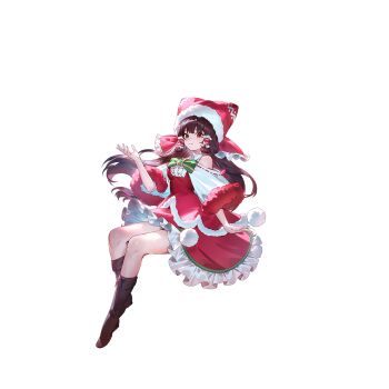 1girl alternate_costume boots bow bowtie box brown_boots brown_hair closed_mouth clothing_request frilled_hair_tubes frilled_skirt frills fur-trimmed_headwear fur-trimmed_sleeves fur_trim game_cg green_bow green_bowtie hair_tubes hairband hakurei_reimu hat highres long_hair long_sleeves looking_at_viewer non-web_source official_art pom_pom_(clothes) red_eyes red_hat ribbon-trimmed_sleeves ribbon_trim santa_costume santa_hat second-party_source skirt smile solo thighs touhou touhou_gensou_eclipse transparent_background two-tone_bow u_u_zan very_long_hair yellow_bow yellow_bowtie