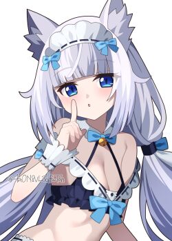 1girl 4rion :o absurdres animal_ear_fluff animal_ears bare_shoulders bell bikini black_bikini blue_bow blue_bowtie blue_eyes blunt_bangs blunt_ends blush bow bow_bikini bowtie breasts cat_ears cat_girl cleavage commentary detached_collar eyelashes frilled_bikini frills hair_bow hand_up highres index_finger_raised jingle_bell long_hair looking_at_viewer low_twintails maid maid_bikini maid_headdress neck_bell nekopara open_mouth sidelocks simple_background slit_pupils small_breasts solo stomach swimsuit twintails twitter_username unconventional_maid upper_body vanilla_(nekopara) white_background white_hair white_wrist_cuffs wrist_cuffs