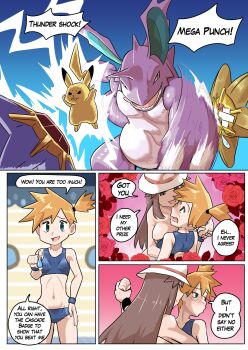 2boys 2girls 2others animal_ears badge badge_(pokemon) bikini blush breasts brown_eyes brown_hair claws commentary english_commentary gen_1_pokemon green_eyes hat highres horns indoors leaf_(pokemon) long_hair mega_punch_(pokemon) micro_bikini misty_(pokemon) multiple_boys multiple_girls multiple_others navel nidoking nintendo open_mouth orange_hair pikachu pikachu_ears pokemon pokemon_(creature) porkpie_hat short_hair side_ponytail single_horn starmie staryu swimsuit thunder_shock_(pokemon) ukaya_masaru white_hat wristband yuri
