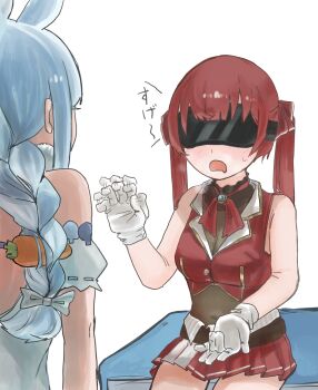 2girls animal_ears artist_request blindfold blue_hair blush braid carrot_hair_ornament food-themed_hair_ornament gloves groping_motion hair_ornament hair_ribbon heavy_breathing highres hololive houshou_marine houshou_marine_(1st_costume) long_hair multicolored_hair multiple_girls rabbit_ears rabbit_girl red_hair ribbon sexually_suggestive sleeveless translation_request twintails two-tone_hair usada_pekora usada_pekora_(1st_costume) virtual_youtuber white_hair