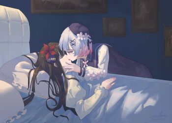 2girls absurdres black_hair black_hat closed_eyes commentary_request dress flower french_kiss gradient_hair hat highres juliet_sleeves kiss long_hair long_sleeves mahou_shoujo_no_majo_saiban multicolored_hair multiple_girls nikaido_hiro painting_(object) pillow pink_eyes pink_hair puffy_sleeves red_flower sakuraba_ema shirt sleeping under_covers white_dress white_flower white_hair white_shirt yandereyuri yuri