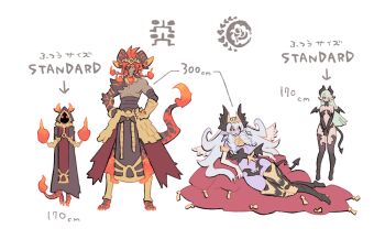 2boys 2girls animal_print arm_guards armor armored_boots armored_footwear asymmetrical_arms bandaged_arm bandaged_stomach bandages barefoot bat_(symbol) bat_panties bat_print bat_symbol belt black_armor black_bandages black_cloak black_gloves black_horns black_loincloth black_sclera black_wings blue_earrings boots bracelet breasts claws cloak closed_mouth colored_sclera colored_skin covering_breasts covering_privates crown demon_boy demon_girl demon_tail demon_wings drill_hair drill_sidelocks ear_ornament ear_piercing earrings english_text fake_horns fire fire_hair flame-tipped_tail flame_hair full_body functionally_nude gauntlets gem gloves gold_armor gold_bracelet gold_gauntlets gold_headwear gold_necklace gold_tiara gold_trim gold_wings greaves green_gemstone green_hair hair_over_shoulder hands_on_own_hips headgear headpiece height_comparison height_difference horn_ornament horned_headwear horned_tiara horns inu_fuji japanese_text jewelry lady_babi_(inu_fuji) large_breasts layered_skirt leg_armor loincloth long_hair looking_at_viewer lying multiple_boys multiple_girls muscular muscular_male n-yaeshuma_(inu_fuji) navel necklace on_pillow on_side orange_eyes original ornate_armor own_hands_clasped piercing pillow pointy_ears purple_skin red_gemstone red_hair red_skirt shirtless_male sidelocks simple_background single_gauntlet skirt smile spikes standing star_(symbol) star_earrings star_ornament tail tassel tiara topless_female topless_male twin_drills two-tone_armor veil white_background white_gloves white_hair white_veil wings