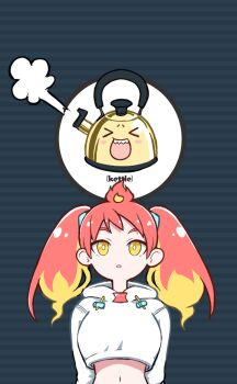 Rule 34 | > <, 1girl, bright pupils, commentary, highres, hikasa tomoshika, hood, hood down, jacket, kettle, midriff, navel, onpa (onpa sound), solo, striped background, untranslatable commentary, twintails, upper body, virtual youtuber, voms, white jacket, white pupils, yellow eyes