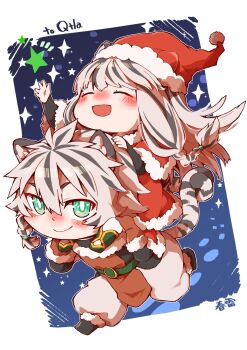 Rule 34 | 1boy, 1girl, :d, animal ears, aqua eyes, artist name, atla fayon, baggy pants, black boots, black hair, black shirt, blue background, blush, boots, border, braid, brother and sister, brown gloves, brown tunic, capelet, carrying, closed eyes, closed mouth, commentary, commissioner name, dress, english commentary, facing ahead, floating hair, fohl fayon (tate no yuusha no nariagari), fur-trimmed boots, fur-trimmed capelet, fur-trimmed dress, fur-trimmed gloves, fur-trimmed headwear, fur trim, gloves, hat, highres, long hair, long sleeves, looking at viewer, medium hair, messy hair, multicolored hair, open mouth, outside border, pants, piggyback, pom pom (clothes), reaching, red capelet, red dress, red hat, running, santa costume, second-party source, shirt, shunrai, siblings, signature, smile, sparkle, star (symbol), straight hair, tail, tate no yuusha no nariagari, tiger, tiger boy, tiger ears, tiger girl, tiger tail, tilted border, tunic, two-tone hair, white background, white border, white pants, white tiger