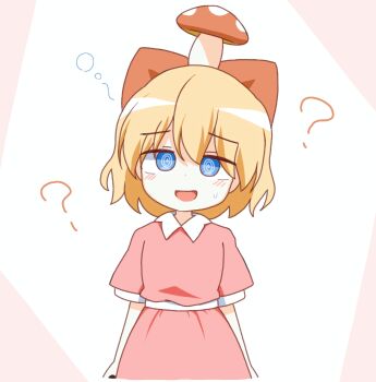 1girl ? @_@ blonde_hair bow child dress hair_bow highres looking_at_viewer mother_(series) mother_2 mushroom nintendo open_mouth paula_(mother_2) pink_dress red_bow reisen_(reu62433) ribbon short_hair short_sleeves smile solo status_effect steaming_body