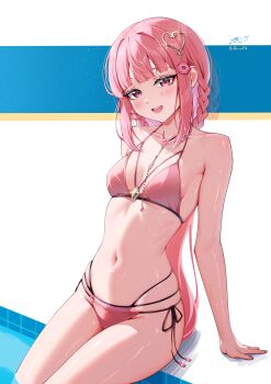 1girl 2_ru absurdres bikini blunt_bangs braid cowboy_shot highres leotard long_hair magia_record:_mahou_shoujo_madoka_magica_gaiden mahou_shoujo_madoka_magica multi-strapped_bikini_bottom pink_bikini pink_eyes pink_hair poolside side-tie_bikini_bottom side_braid sidelocks sitting smile solo swimsuit tamaki_iroha tamaki_iroha_(swimsuit_ver.)