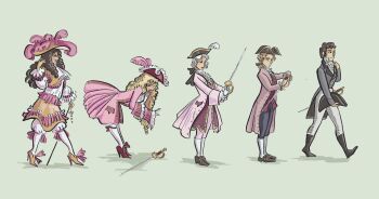 1boy black_hat black_shoes blonde_hair blue_pants brown_hair brown_shoes coat debimbofication_(meme) evolution facial_hair fishplans frilled_sleeves frills gloves grey_coat grey_jacket hand_up hands_up hat hat_feather high_heels highres holding holding_weapon jacket leaning_forward long_hair long_sleeves low_ponytail meme mustache original pants pantyhose pink_robe ponytail powdered_wig rapier robe shirt shoe_buckle shoes short_hair simple_background sword tricorne wavy_hair weapon white_background white_coat white_gloves white_hair white_pants white_pantyhose white_shirt wide_brim wig yellow_hat yellow_robe yellow_shoes