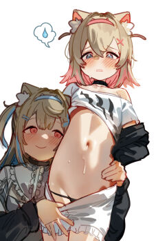 2girls animal_ear_fluff animal_ears belly blonde_hair blue_eyes blue_hair blush clothes_pull dog_ears dog_girl fuwawa_abyssgard fuwawa_abyssgard_(1st_costume) hair_ornament highres hololive hololive_english kani_fish mococo_abyssgard mococo_abyssgard_(1st_costume) multicolored_hair multiple_girls navel pink_eyes pink_hair shirt shorts shorts_pull siblings sisters spoken_sweatdrop streaked_hair sweatdrop twins underwear virtual_youtuber x_hair_ornament