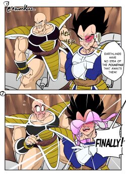 2boys amartbee armor bald black_hair blush bra crossed_arms dragon_ball dragonball_z english_text gloves grin highres multiple_boys muscular muscular_male nappa saiyan saiyan_armor scouter smile spiked_hair surprised tail tail_around_own_waist underwear vegeta