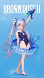1girl animated arm_up blue_eyes blue_sandals breasts brown_dust_(series) brown_dust_2 closed_eyes covered_navel full_body grey_hair hair_between_eyes hair_ribbon heterochromia highleg highleg_one-piece_swimsuit innertube loli long_hair looking_at_viewer official_art one-piece_swimsuit open_mouth red_eyes refithea_(brown_dust) ribbon sandals school_swimsuit small_breasts smile solo standing swim_ring swimsuit tagme toes twintails video water_gun