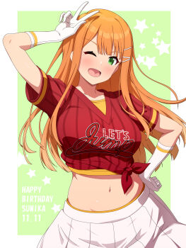 1girl ;d absurdres blush border collarbone commentary_request english_text gakuen_idolmaster gloves green_background green_eyes hair_ornament hairclip hand_on_own_hip happy_birthday highres idolmaster long_hair looking_at_viewer mei_ichi navel one_eye_closed open_mouth orange_hair pleated_skirt red_shirt shirt shiun_sumika sidelocks skirt smile solo star_(symbol) tied_shirt v white_border white_gloves white_skirt