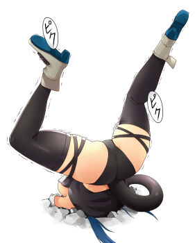 1girl ass ass_shake black_panties black_thighhighs blue_hair cameltoe commission dizzy_(guilty_gear) guilty_gear highres inugami-ke_no_ichizoku_pose legs lower_body panties ryona solo speech_bubble struggling stuck tail thighhighs translation_request trembling tuzi717 underwear upper_body upside-down