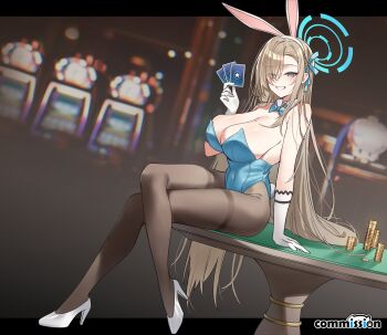 1girl absurdres animal_ears asuna_(blue_archive) asuna_(bunny)_(blue_archive) asymmetrical_bangs blue_archive blue_bow blue_bowtie blue_halo blue_leotard blue_ribbon bow bowtie breasts detached_collar fake_animal_ears hair_over_one_eye halo helandyck highres large_breasts leotard official_alternate_costume pantyhose playboy_bunny ribbon strapless strapless_leotard thighband_pantyhose traditional_bowtie