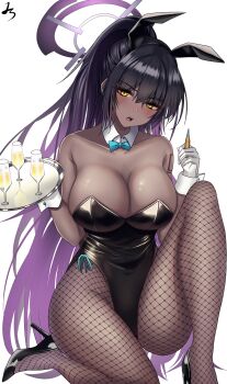 1girl animal_ears aqua_bow aqua_bowtie black_hair black_leotard blue_archive blush bow bowtie breasts bullet cleavage cup curvy dark-skinned_female dark_skin detached_collar drinking_glass ear_piercing fake_animal_ears fishnet_pantyhose fishnets gloves hair_ornament high_heels highleg highleg_leotard highres karin_(blue_archive) karin_(bunny)_(blue_archive) large_breasts leotard long_hair looking_at_viewer multicolored_hair neck_ribbon neckwear_request official_alternate_costume pantyhose piercing plate playboy_bunny ponytail purple_hair rabbit_hair_ornament ribbon service shiny_clothes shiny_skin signature simple_background solo strapless strapless_leotard tattoo thong_leotard traditional_bowtie two-tone_hair very_long_hair wide_hips yellow_eyes