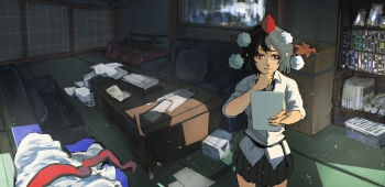 Rule 34 | 1010kman, 1girl, black hair, book, bookshelf, couch, hat, highres, indoors, katana, medium hair, paper, pom pom (clothes), red eyes, red hat, shadow, shameimaru aya, shirt, solo, sword, table, tokin hat, touhou, weapon, weapon rack, white shirt