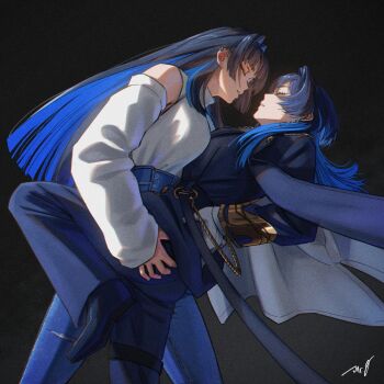 Rule 34 | 2girls, black background, black hair, black jacket, black pants, blue hair, blue pants, closed eyes, detached sleeves, gloves, highres, hololive, hololive english, jacket, misteri2908, multiple girls, ouro kronii, pants, selfcest, simple background, sweater, virtual youtuber, white gloves, white sleeves, white sweater, yuri