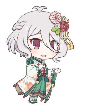 1girl :d antenna_hair black_sandals chibi chibi_only commentary double-parted_bangs flower full_body green_hakama hair_between_eyes hair_flower hair_ornament hakama hakama_skirt hand_on_own_chest japanese_clothes kimono kokkoro_(princess_connect!) long_sleeves niwa_so_ji open_mouth pink_flower pointy_ears princess_connect! red_eyes red_flower ribbon-trimmed_sleeves ribbon_trim sandals short_hair sidelocks simple_background skirt smile socks solo standing tabi white_background white_hair white_kimono white_socks wide_sleeves